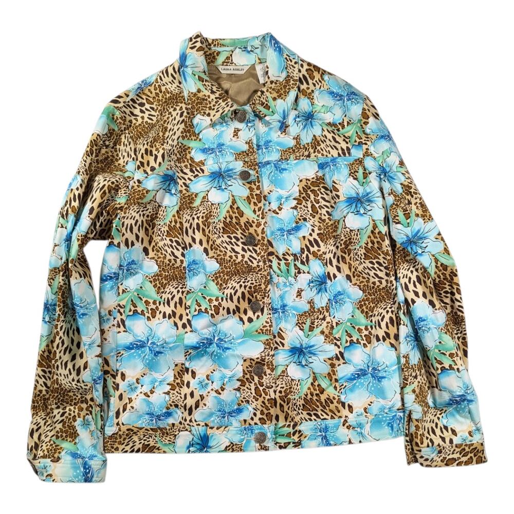 Vtg Y2K Laura Ashley Leopard Print Blue Floral Button Up Stretch Cotton Jacket M